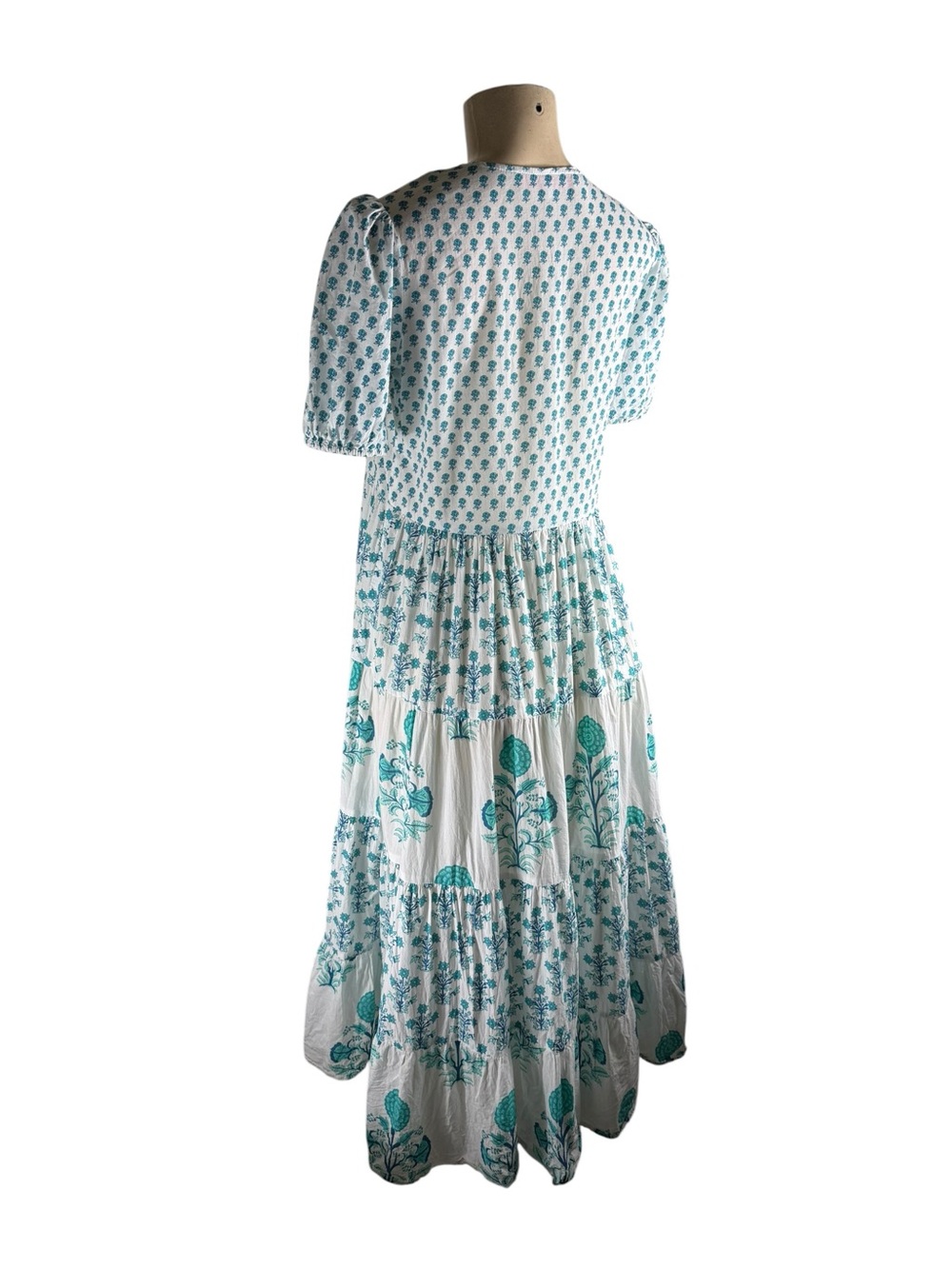 RO's GARDEN 100% Cotton Daphine Midi Teal Floral Tiered Midi Dress Size XS - Picture 4 of 6